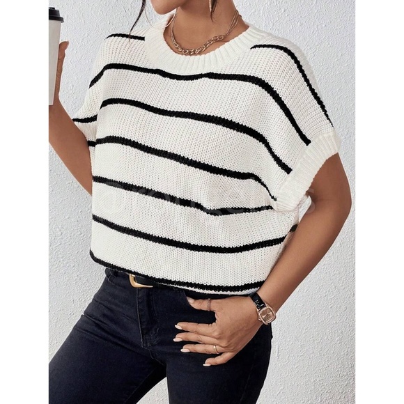 Black Stripes on White Knit Muscle Tee Sweater Sleeveless Vest - Picture 5 of 8